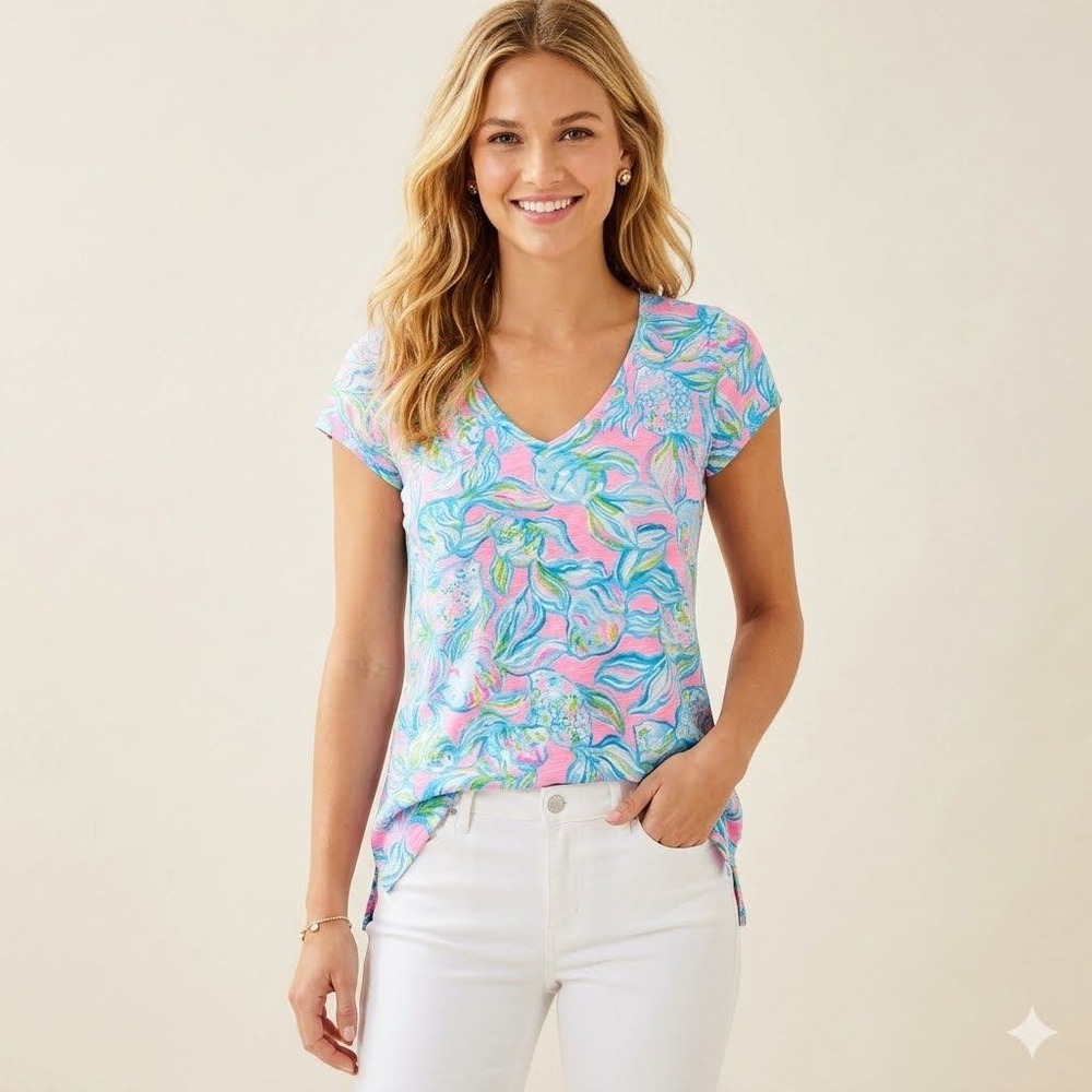 Lilly Pulitzer Etta V-Neck Top Shell Me Something Good‎ Pink Blue XS